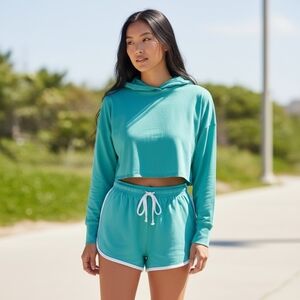 Cropped Teal Hoodie & Short Set Sz M NWT